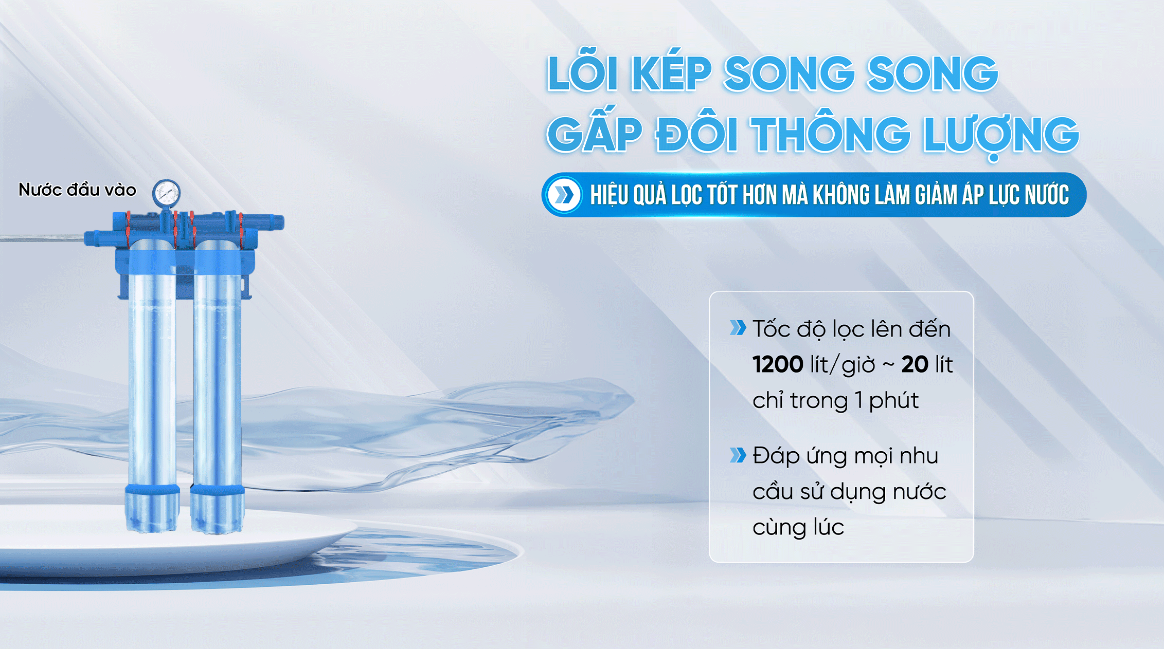 Hệ thống lọc tổng Fuji Smart APT 200 được lắp lõi kép song song giúp gấp đôi thông lượng dòng chảy, không làm giảm áp lực nước