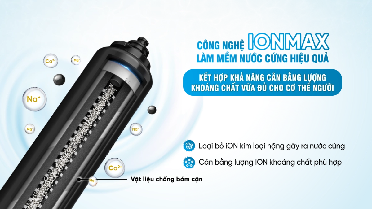 Công nghệ IONMAX có trong hệ thống lọc tổng đầu nguồn Fuji Smart APT 200 giúp làm mềm nước cứng hiệu quả